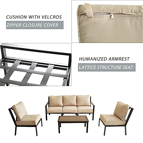 Festival Depot 6 Pieces Patio Furniture Set All-Weather Polyester Fabrics Metal Frame Sofa Outdoor Conversation Set Sectional Armless Chair with Cushion & Coffee Table for Deck Poolside Balcony(Beige) 