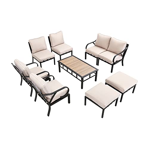 Festival Depot 9 Pieces Patio Conversation Set Sectional Sofa Armchair Ottoman with Thick Cushions and Coffee Table All Weather Metal Outdoor Furniture for Deck Garden, Beige 