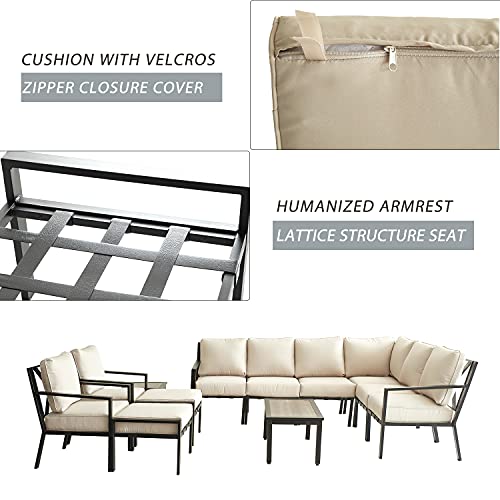 Festival Depot 11-Pieces Patio Outdoor Furniture Conversation Sets Sectional Corner Sofa, All-Weather Black X Slatted Back Chair with Coffee Table and Thick Removable Couch Cushions (Beige) 