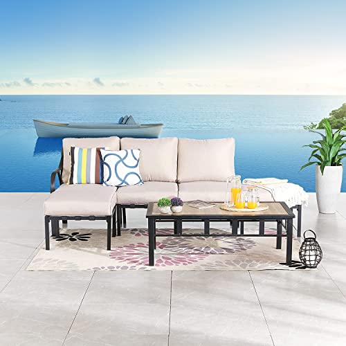 Festival Depot 6 Pcs Patio Conversation Set Sectional Corner Chair with Cushions Ottoman and Coffee Table All Weather Metal Outdoor Furniture for Deck Poolside, Beige 