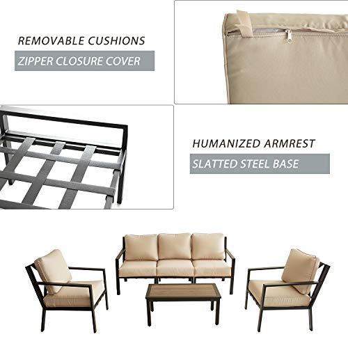 Festival Depot 6 Pieces Patio Conversation Set Sectional Sofa Chairs with Thick Cushions and Coffee Table Outdoor Furniture for Deck Garden Backyard (Beige) 