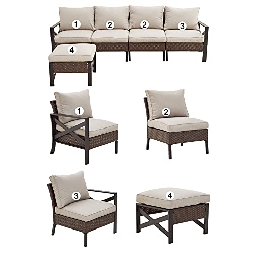 Festival Depot 5 Pieces Patio Furniture Set All-Weather Rattan Wicker Metal Frame Sofa Chair Outdoor Conversation Set Sectional Corner Couch with Cushions and Ottoman for Deck Poolside Garden 