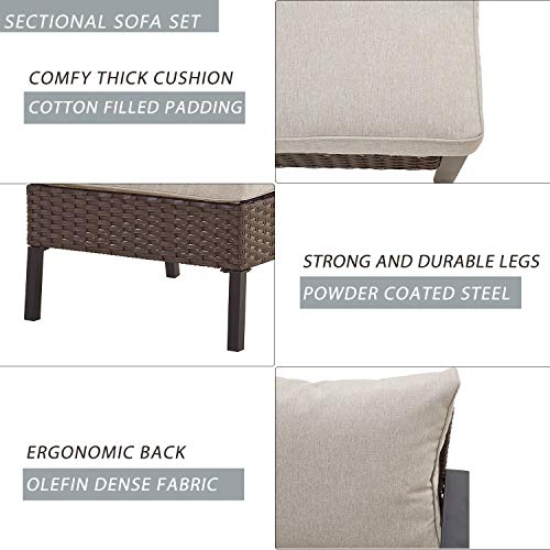 Festival Depot 6 Pieces Patio Conversation Set Outdoor Furniture Sectional Corner Sofa with All-Weather Brown PE Rattan Wicker Back Chair, Ottoman and Thick Soft Removable Couch Cushions 