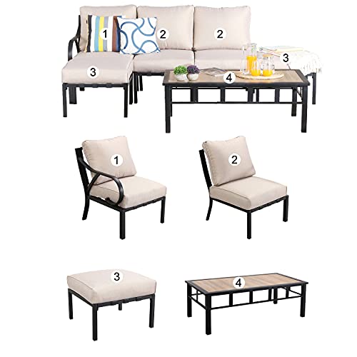 Festival Depot 6 Pcs Patio Conversation Set Sectional Corner Chair with Cushions Ottoman and Coffee Table All Weather Metal Outdoor Furniture for Deck Poolside, Beige 