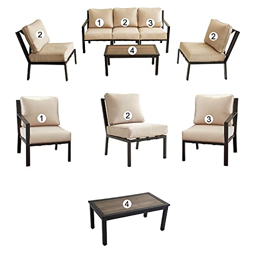 Festival Depot 6 Pieces Patio Furniture Set All-Weather Polyester Fabrics Metal Frame Sofa Outdoor Conversation Set Sectional Armless Chair with Cushion & Coffee Table for Deck Poolside Balcony(Beige)