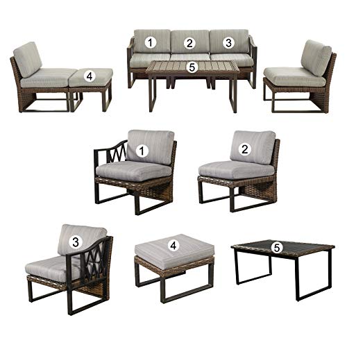 Festival Depot 7pcs Outdoor Furniture Patio Conversation Set Sectional Sofa Chairs All Weather Brown Rattan Wicker Ottoman Slatted Coffee Table with Thick Seat Back Cushions (Grey) 