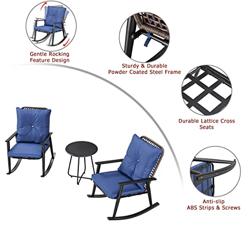 Deluxe 3-Piece Blue PE Wicker Rocking Chair Bistro Set with Cushions and Metal Coffee Table