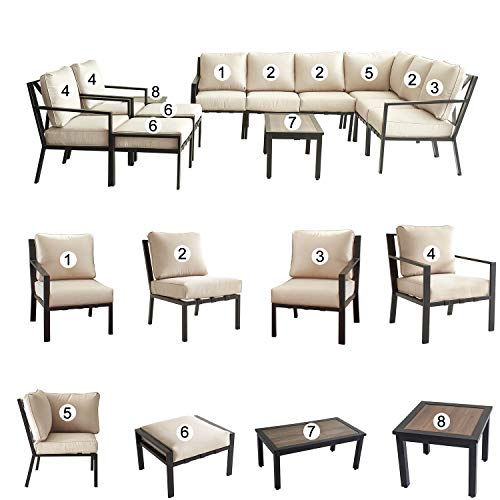 Festival Depot 11-Pieces Patio Outdoor Furniture Conversation Sets Sectional Corner Sofa, All-Weather Black X Slatted Back Chair with Coffee Table and Thick Removable Couch Cushions (Beige)