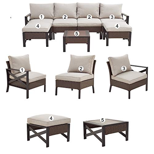 Festival Depot 7 Pieces Patio Outdoor Furniture Conversation Set Sectional Sofa with All-Weather Brown PE Rattan Wicker Back Chair, Coffee Table, Ottoman and Thick Soft Removable Couch Cushions 