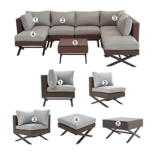 Festival Depot 8pcs Outdoor Furniture Patio Conversation Set Sectional Corner Sofa Chairs with X Shaped Metal Leg All Weather Brown Rattan Wicker Ottoman Side Coffee Table with Grey Seat Back Cushions 