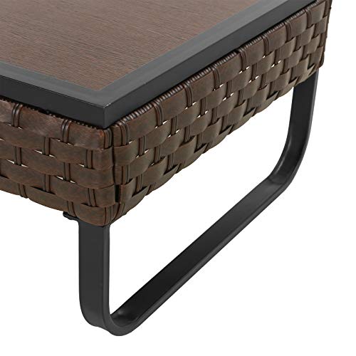 Festival Depot Patio Side Coffee Table Outdoor Bistro Dining Furniture with Wood Grain Tabletop, Wicker Rattan and X Shaped Slatted Steel Legs (Brown)