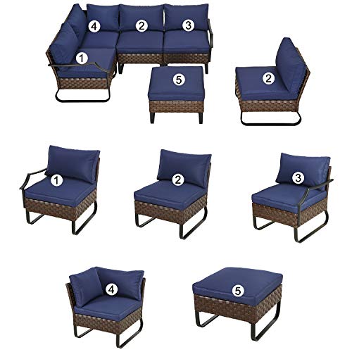 Festival Depot 6 Pieces Patio Outdoor Furniture Conversation Sets Sectional Corner Sofa, All-Weather PE Rattan Brown Wicker Back Chair with Ottoman and Thick Soft Removable Couch Cushions(Blue) 