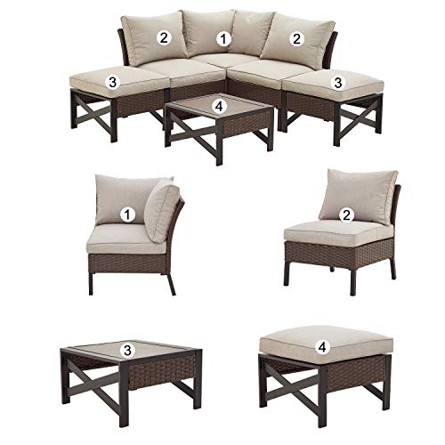 Festival Depot 6 Pieces Patio Outdoor Furniture Conversation Set Sectional Corner Sofa with All-Weather Brown PE Wicker Back Chair, Coffee Table, Ottoman and Thick Soft Removable Couch Cushions 