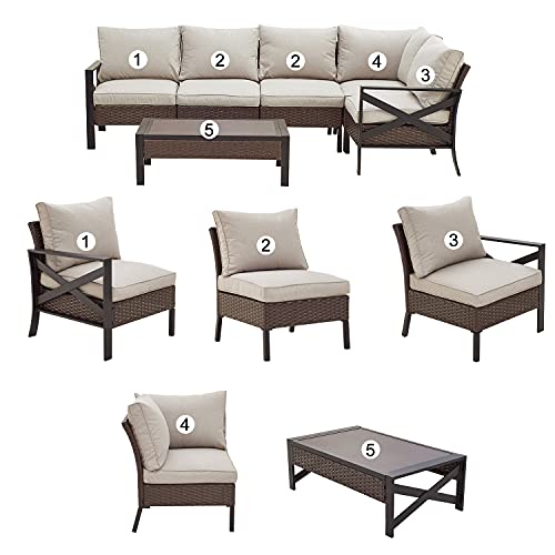 Festival Depot 6 Pieces Patio Furniture Set All-Weather Rattan Wicker Metal Frame Sofa Chair Outdoor Conversation Set Sectional Corner Couch with Cushions and Coffee Table for Deck Poolside 