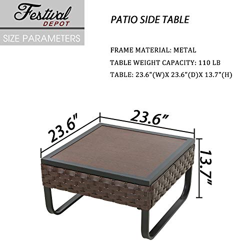 Festival Depot Patio Side Coffee Table Outdoor Bistro Dining Furniture with Wood Grain Tabletop, Wicker Rattan and X Shaped Slatted Steel Legs (Brown)