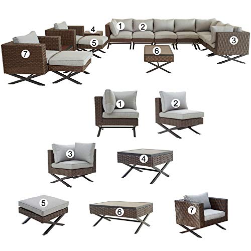 Festival Depot 14pcs Outdoor Furniture Patio Conversation Set Sectional Corner Sofa Chairs with X Shape Metal Leg All Weather Brown Rattan Wicker Ottoman Side Coffee Table with Grey Seat Back Cushions 