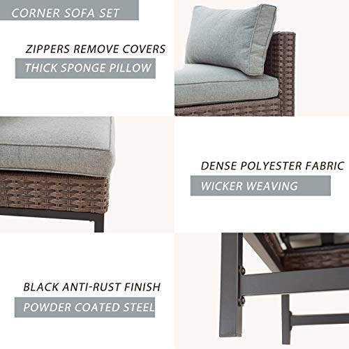 Festival Depot 5pc Patio Sectional Corner Sofa Set Outdoor All-Weather Wicker Metal Coffee Side Table with Seating Back Cushions Garden Poolside (Gray) 