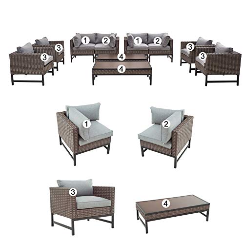 Festival Depot 10 Pieces Outdoor Furniture Patio Conversation Set Combination Sectional Sofa All-Weather Woven Wicker Metal Chairs with Seating Back Cushions Side Coffee Table, Gray 