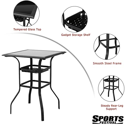 Sports Festival 5 Pcs Patio Bistro Height Set Outdoor Furniture, Backless Bar Stool Chair with Round Seat, Foot Pedals and Square Metal Frame Steel Tempered Glass Top Table for Deck Garden Lawn