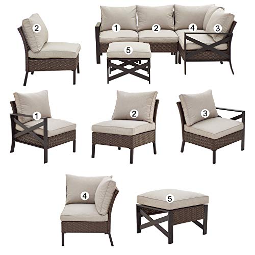 Festival Depot 6 Pieces Patio Conversation Set Outdoor Furniture Sectional Corner Sofa with All-Weather Brown PE Rattan Wicker Back Chair, Ottoman and Thick Soft Removable Couch Cushions 