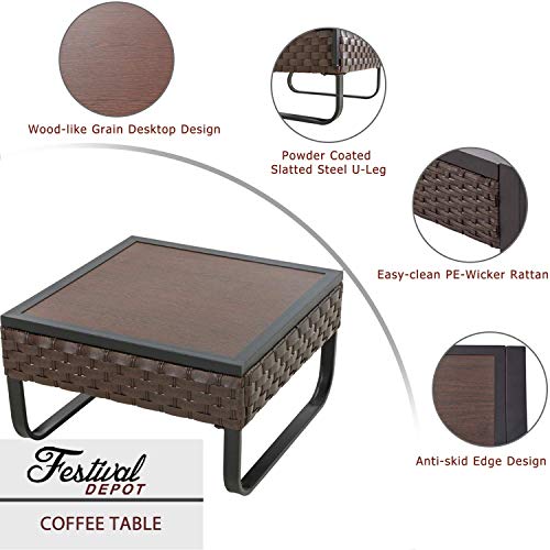 Festival Depot Patio Side Coffee Table Outdoor Bistro Dining Furniture with Wood Grain Tabletop, Wicker Rattan and X Shaped Slatted Steel Legs (Brown)