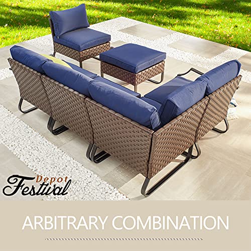 Festival Depot 5 Pieces Patio Furniture Set, All-Weather PE Rattan Wicker Metal Frame Sofa Outdoor Conversation Set Sectional Corner Couch with Cushion Ottoman and Coffee Table for Deck Poolside(Blue) 