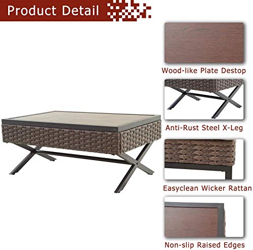 Festival Depot Patio Table Rattan Coffee Table with Aluminum Tabletop and X Shaped Leg All Weather Outdoor Wicker Furniture for Backyard Porch Garden