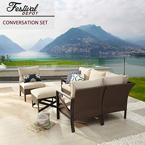 Festival Depot 6 Pieces Patio Conversation Set Outdoor Furniture Sectional Corner Sofa with All-Weather Brown PE Rattan Wicker Back Chair, Ottoman and Thick Soft Removable Couch Cushions 