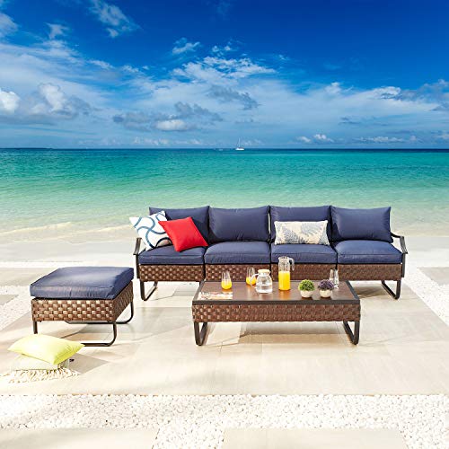 Festival Depot 6 Pieces Patio Outdoor Furniture Conversation Sets Sectional Sofa, All-Weather PE Rattan Brown Wicker Back Chair with Coffee Table, Ottoman and Thick Soft Removable Couch Cushions(Blue) 