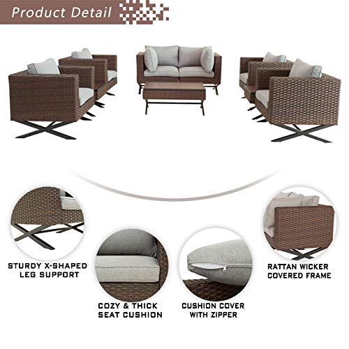 Festival Depot 9 Pcs Outdoor Furniture Patio Conversation Set Sectional Sofa Armchairs with X Shaped Metal Leg All Weather Brown Rattan Wicker Rectangle Square Coffee Table with Grey Seat Back Cushions