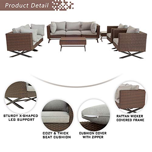 Festival Depot 9 pcs Outdoor Furniture Patio Conversation Set Sectional Corner Sofa Chairs with X Shaped Metal Leg All Weather Brown Rattan Wicker Square Side Coffee Table with Grey Seat Back Cushions