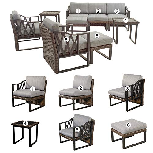 Festival Depot 10Pc Outdoor Furniture Patio Conversation Set Sectional Sofa Chairs All Weather Wicker Ottoman Metal Frame Square Slatted Coffee Table with Thick Grey Seat Back Cushions Without Pillows 