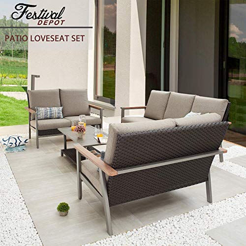 Festival Depot 4 Pcs Patio Conversation Set Wicker Chairs Loveseats with Thick Cushions and Coffee Table in Metal Frame Outdoor Furniture for Deck Garden 