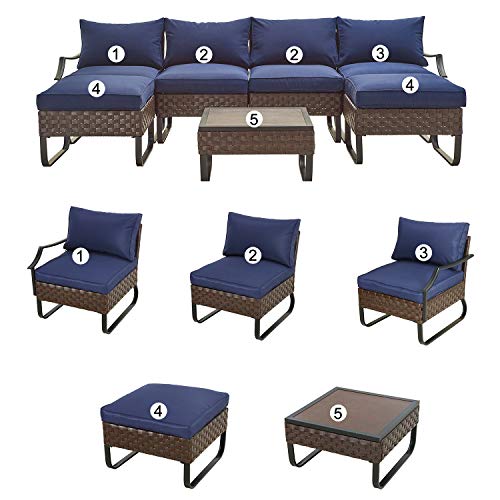 Festival Depot 7 Pieces Patio Conversation Sets Outdoor Furniture Sectional Sofa, All-Weather PE Rattan Brown Wicker Back Chair with Coffee Table, Ottoman and Thick Soft Removable Couch Cushions(Blue) 