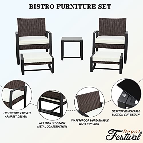 Luxurious 5 Piece Rattan Conversation Set with Cushioned Armchairs, Ottoman, & Glass Coffee Table