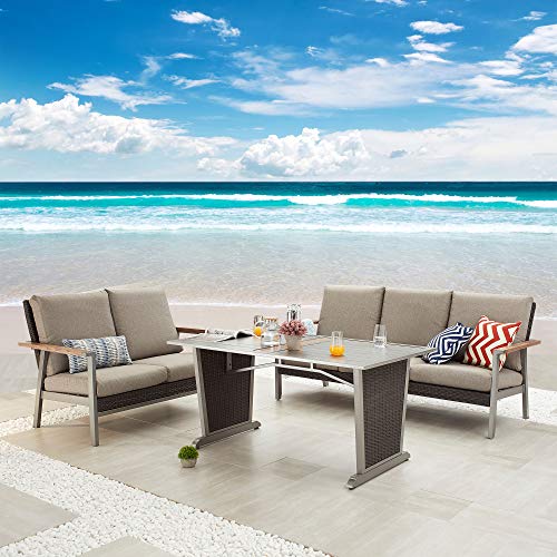 Festival Depot 3pcs Patio Conversation Set Metal Armchair Wicker Loveseat All Weather 3-Seater Rattan Sofa with Thick Cushions Dining Table Outdoor Furniture for Deck Poolside 