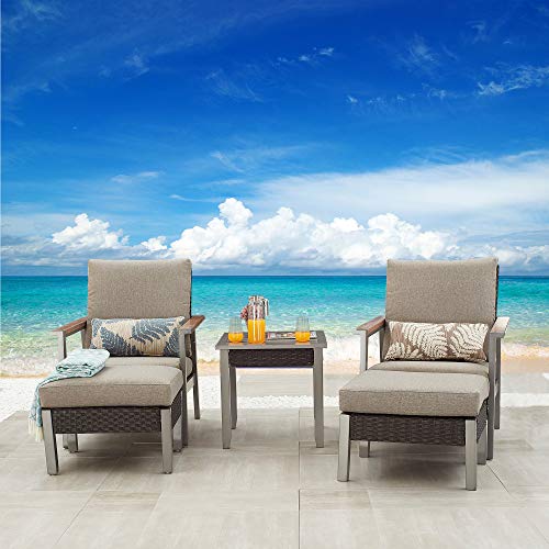 Festival Depot 5 Pieces Patio Outdoor Conversation Chairs Cushions Ottomans Set with Coffee Square Table Metal Frame Furniture Garden Bistro Seating Thick Soft Cushion (Grey)