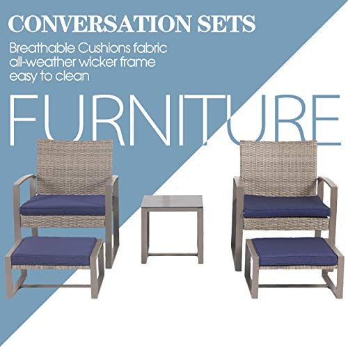 Luxurious 5 Piece Rattan Conversation Set with Cushioned Armchairs, Ottoman, & Glass Coffee Table