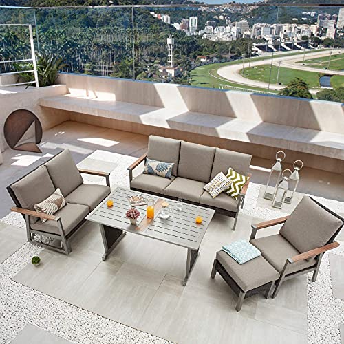 Festival Depot 5pcs Patio Conversation Set Metal Armchair Wicker Glider Loveseat All Weather Rattan 3-Seater Sofa with Grey Thick Cushions and Dining Table Outdoor Furniture for Deck Garden