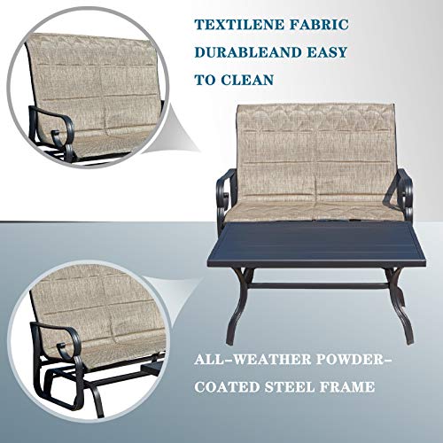 Modern 2 Piece Beige Patio Conversation Set with Textilene Glider Chairs & Metal Coffee Table