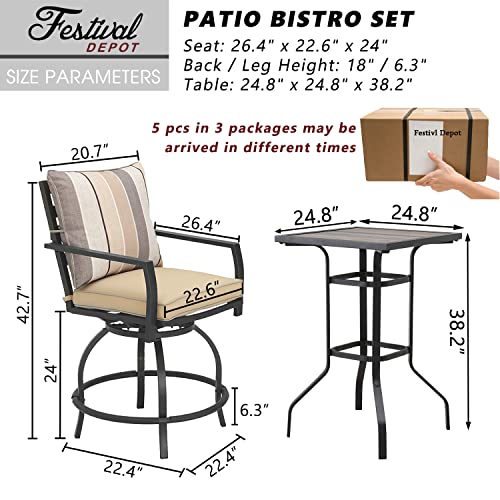 Festival Depot 5pcs Bar Bistro Outdoor Patio Furniture Set High Stool 360° Swivel Armrest Chairs with Comfort Cushion Square DPC Desktop Wood Grain Top Table Metal Steel Frame Leg All-Weather (Beige)