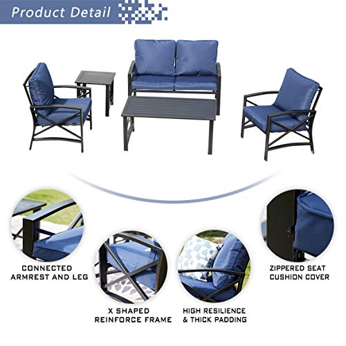 Festival Depot Outdoor Furniture Patio Conversation Set Metal Bistro Table Coffee Table Loveseat Armchairs with Seat and Back Cushions Without Pillows for Lawn Beach Backyard Pool