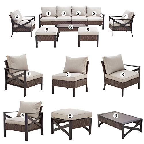 Festival Depot 9 Pcs Patio Outdoor Furniture Conversation Set Sectional Sofa with All-Weather Brown PE Rattan Wicker Back Chair, Ottoman, Coffee Table and Soft Thick Removable Couch Cushions 