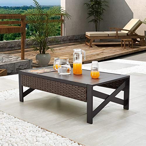 Festival Depot Patio Table Rattan Coffee Table with Aluminum Tabletop and X Shaped Leg All Weather Outdoor Wicker Furniture for Backyard Porch Garden