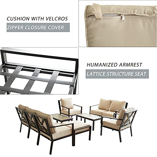 Festival Depot 10-Pieces Patio Outdoor Furniture Conversation Sets Loveseat Sectional Sofa, All-Weather Black X Slatted Back Chairs with Coffee Table and Thick Soft Removable Couch Cushions (Beige) 