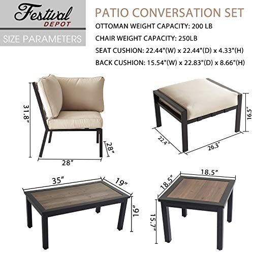 Festival Depot 11-Pieces Patio Outdoor Furniture Conversation Sets Sectional Corner Sofa, All-Weather Black X Slatted Back Chair with Coffee Table and Thick Removable Couch Cushions (Beige) 