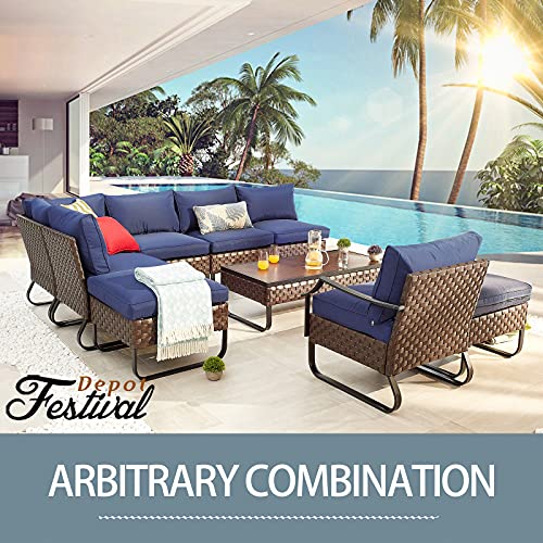 Festival Depot 7 Pieces Patio Furniture Set, All-Weather PE Rattan Wicker Metal Frame Sofa Outdoor Conversation Set Sectional Couch Corner Chair with Cushion Ottoman and Coffee Table for Deck (Blue) 