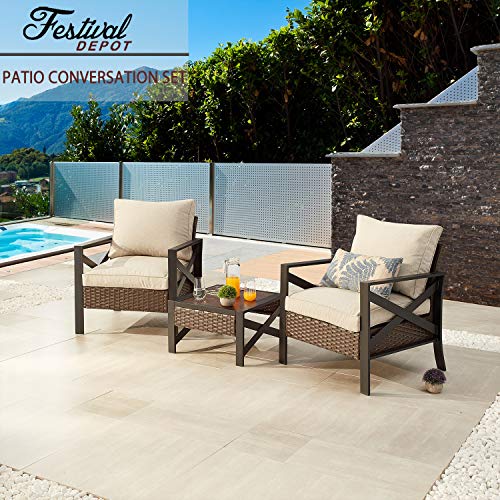 3-Piece Bistro Patio Conversation Set Soft & Deep Cushion Wicker Rattan Square Wood Grain Top Side Coffee Table 