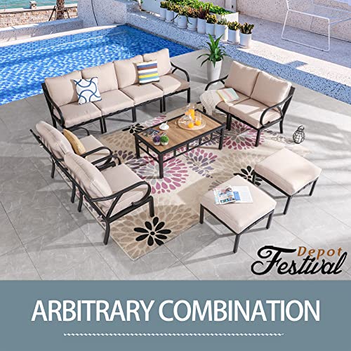 Festival Depot 11 Pieces Patio Conversation Set Sectional Sofa Armchair Ottoman with Thick Cushions and Coffee Table All Weather Metal Outdoor Furniture for Deck Garden, Beige 