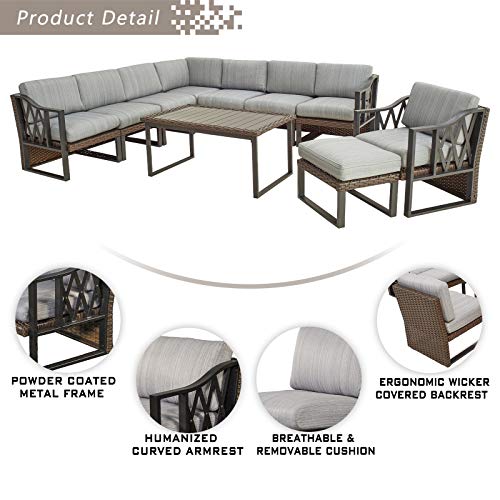 Festival Depot 10Pc Outdoor Furniture Patio Conversation Set Sectional Corner Sofa Chairs All Weather Wicker Ottoman Metal Frame Slatted Coffee Table with Thick Grey Seat Back Cushions Without Pillows